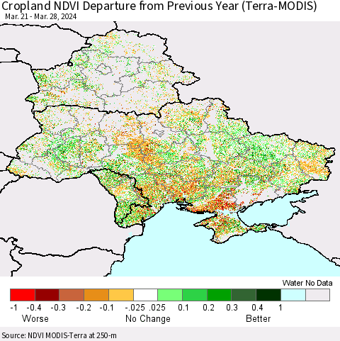 Ukraine, Moldova and Belarus Cropland NDVI Departure from Previous Year (Terra-MODIS) Thematic Map For 3/21/2024 - 3/28/2024