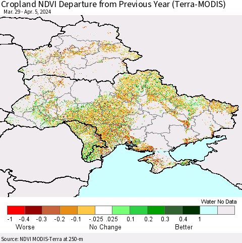 Ukraine, Moldova and Belarus Cropland NDVI Departure from Previous Year (Terra-MODIS) Thematic Map For 3/29/2024 - 4/5/2024