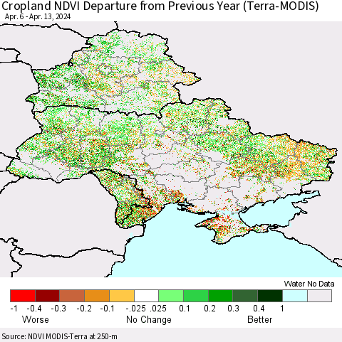 Ukraine, Moldova and Belarus Cropland NDVI Departure from Previous Year (Terra-MODIS) Thematic Map For 4/6/2024 - 4/13/2024
