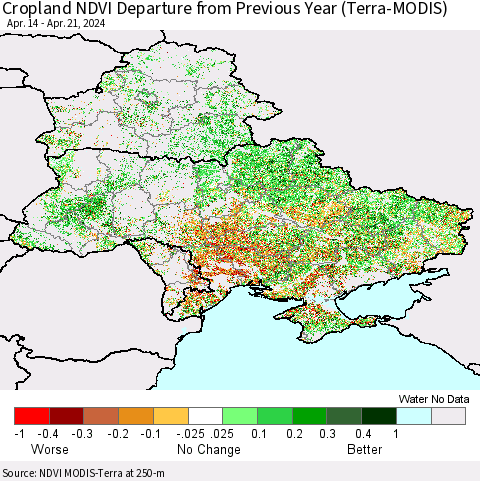 Ukraine, Moldova and Belarus Cropland NDVI Departure from Previous Year (Terra-MODIS) Thematic Map For 4/14/2024 - 4/21/2024