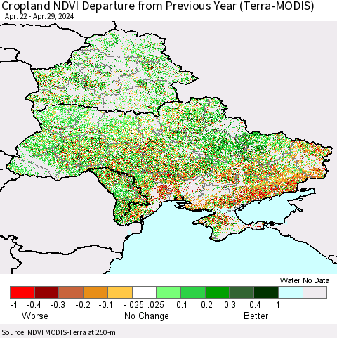 Ukraine, Moldova and Belarus Cropland NDVI Departure from Previous Year (Terra-MODIS) Thematic Map For 4/22/2024 - 4/29/2024