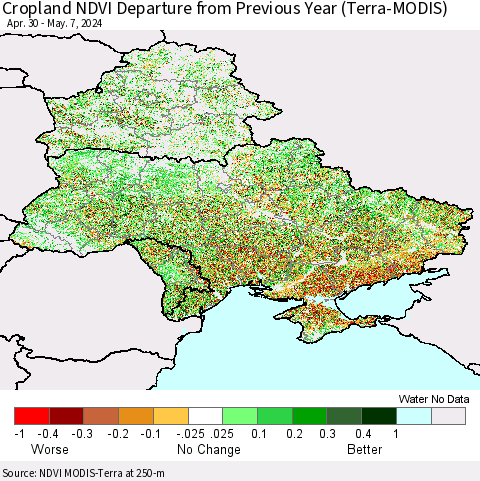 Ukraine, Moldova and Belarus Cropland NDVI Departure from Previous Year (Terra-MODIS) Thematic Map For 4/30/2024 - 5/7/2024