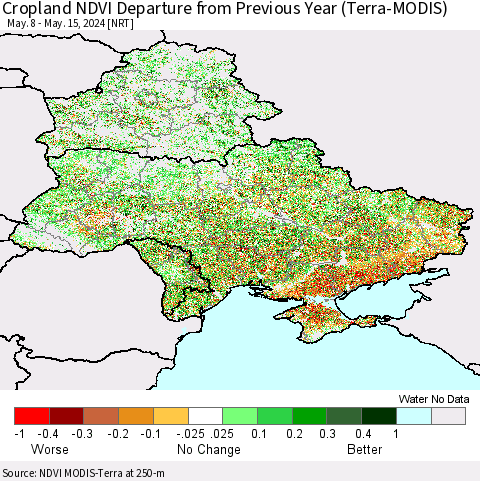 Ukraine, Moldova and Belarus Cropland NDVI Departure from Previous Year (Terra-MODIS) Thematic Map For 5/8/2024 - 5/15/2024