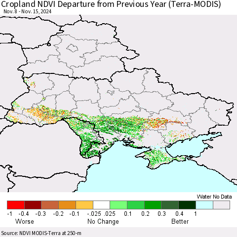 Ukraine, Moldova and Belarus Cropland NDVI Departure from Previous Year (Terra-MODIS) Thematic Map For 11/8/2024 - 11/15/2024