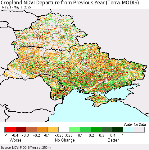 Ukraine, Moldova and Belarus Cropland NDVI Departure from Previous Year (Terra-MODIS) Thematic Map For 5/1/2025 - 5/8/2025