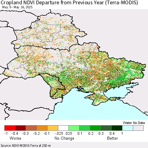 Ukraine, Moldova and Belarus Cropland NDVI Departure from Previous Year (Terra-MODIS) Thematic Map For 5/9/2025 - 5/16/2025