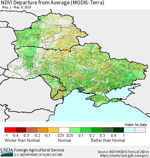 Ukraine, Moldova and Belarus NDVI Departure from Average (Terra-MODIS) Thematic Map For 5/1/2019 - 5/10/2019