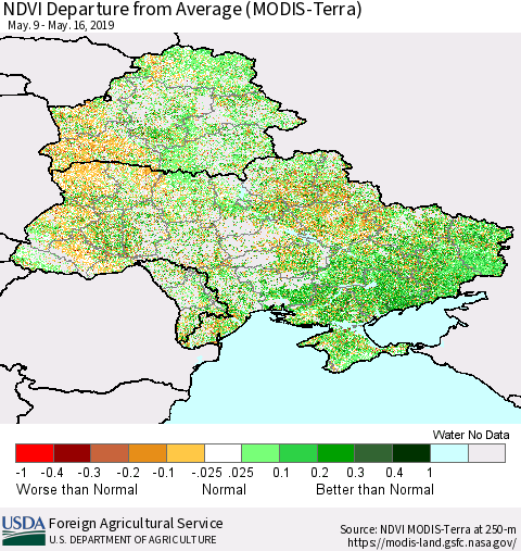 Ukraine, Moldova and Belarus NDVI Departure from Average (Terra-MODIS) Thematic Map For 5/11/2019 - 5/20/2019