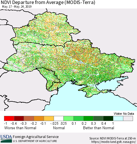 Ukraine, Moldova and Belarus NDVI Departure from Average (Terra-MODIS) Thematic Map For 5/21/2019 - 5/31/2019