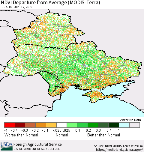 Ukraine, Moldova and Belarus NDVI Departure from Average (Terra-MODIS) Thematic Map For 6/11/2019 - 6/20/2019