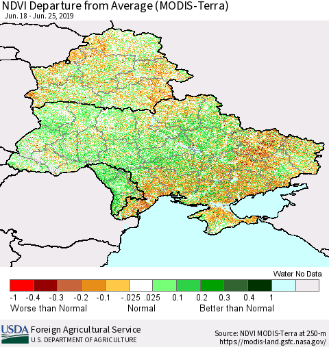 Ukraine, Moldova and Belarus NDVI Departure from Average (Terra-MODIS) Thematic Map For 6/21/2019 - 6/30/2019