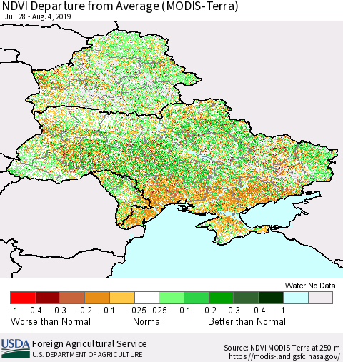 Ukraine, Moldova and Belarus NDVI Departure from Average (Terra-MODIS) Thematic Map For 8/1/2019 - 8/10/2019