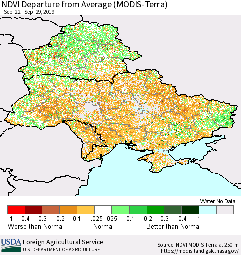 Ukraine, Moldova and Belarus NDVI Departure from Average (Terra-MODIS) Thematic Map For 9/21/2019 - 9/30/2019