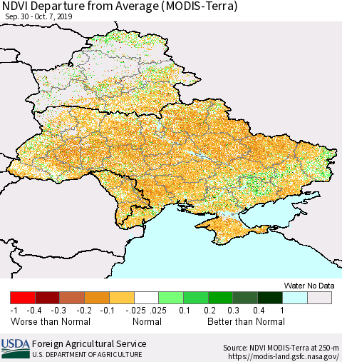 Ukraine, Moldova and Belarus NDVI Departure from Average (Terra-MODIS) Thematic Map For 10/1/2019 - 10/10/2019