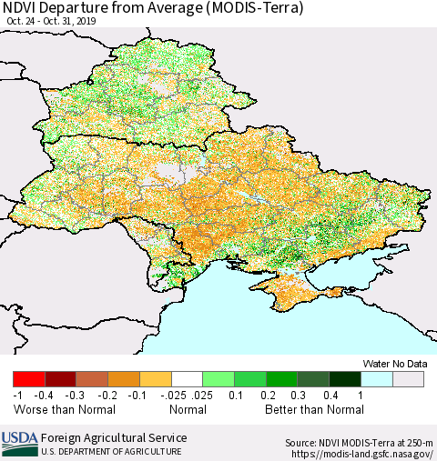 Ukraine, Moldova and Belarus NDVI Departure from Average (Terra-MODIS) Thematic Map For 10/21/2019 - 10/31/2019