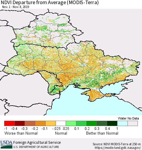 Ukraine, Moldova and Belarus NDVI Departure from Average (Terra-MODIS) Thematic Map For 11/1/2019 - 11/10/2019