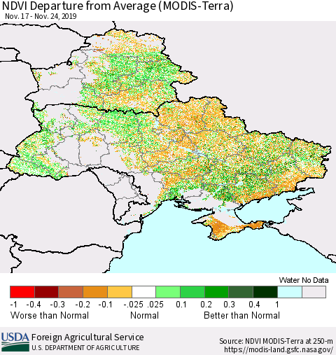 Ukraine, Moldova and Belarus NDVI Departure from Average (Terra-MODIS) Thematic Map For 11/21/2019 - 11/30/2019