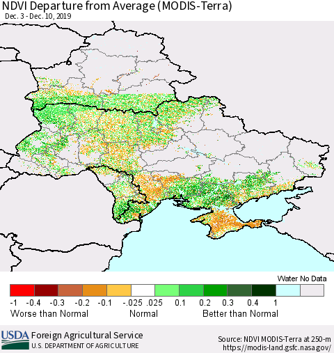 Ukraine, Moldova and Belarus NDVI Departure from Average (Terra-MODIS) Thematic Map For 12/1/2019 - 12/10/2019