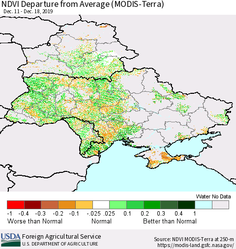 Ukraine, Moldova and Belarus NDVI Departure from Average (Terra-MODIS) Thematic Map For 12/11/2019 - 12/20/2019