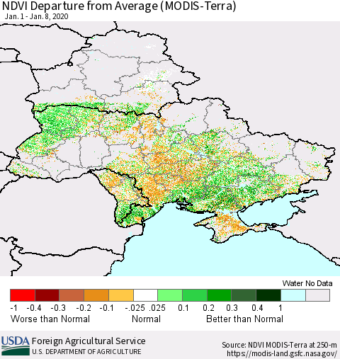 Ukraine, Moldova and Belarus NDVI Departure from Average (Terra-MODIS) Thematic Map For 1/1/2020 - 1/10/2020