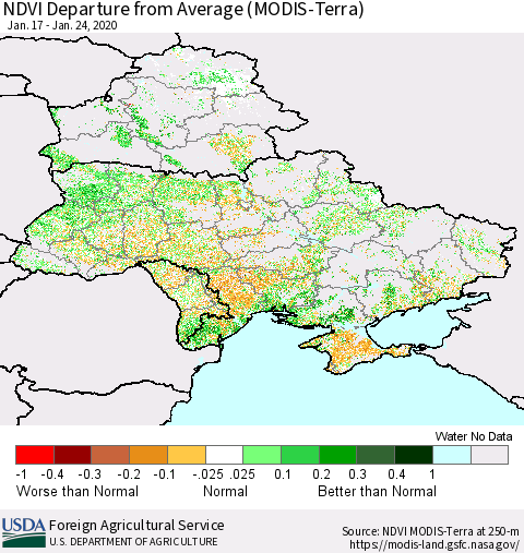 Ukraine, Moldova and Belarus NDVI Departure from Average (Terra-MODIS) Thematic Map For 1/21/2020 - 1/31/2020