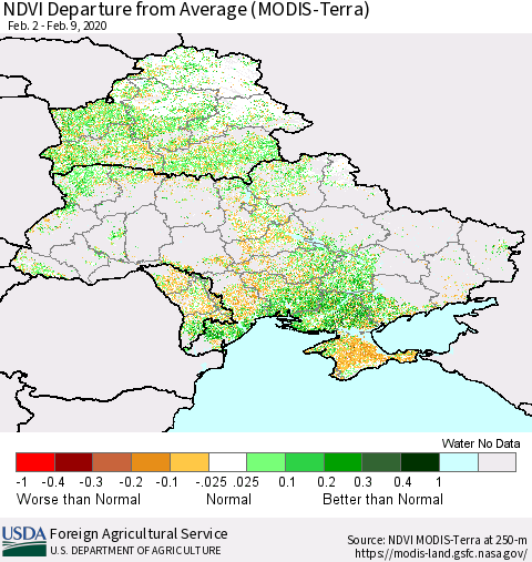 Ukraine, Moldova and Belarus NDVI Departure from Average (Terra-MODIS) Thematic Map For 2/1/2020 - 2/10/2020