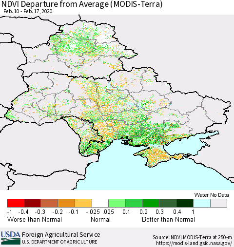 Ukraine, Moldova and Belarus NDVI Departure from Average (Terra-MODIS) Thematic Map For 2/11/2020 - 2/20/2020