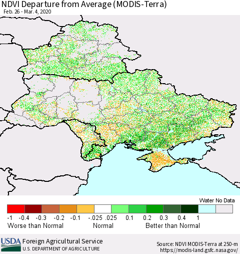 Ukraine, Moldova and Belarus NDVI Departure from Average (Terra-MODIS) Thematic Map For 3/1/2020 - 3/10/2020