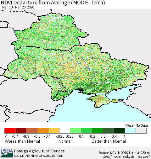 Ukraine, Moldova and Belarus NDVI Departure from Average (Terra-MODIS) Thematic Map For 3/11/2020 - 3/20/2020