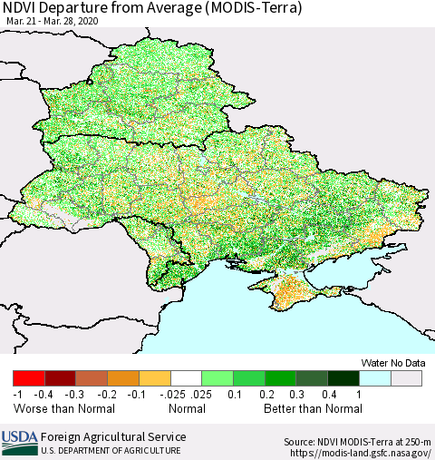 Ukraine, Moldova and Belarus NDVI Departure from Average (Terra-MODIS) Thematic Map For 3/21/2020 - 3/31/2020