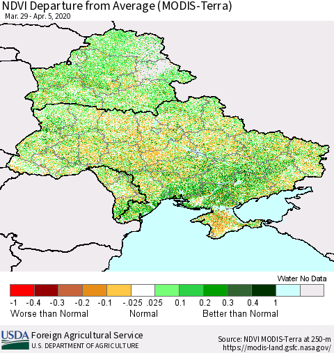 Ukraine, Moldova and Belarus NDVI Departure from Average (Terra-MODIS) Thematic Map For 4/1/2020 - 4/10/2020
