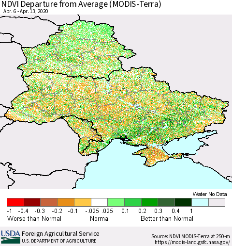 Ukraine, Moldova and Belarus NDVI Departure from Average (Terra-MODIS) Thematic Map For 4/11/2020 - 4/20/2020