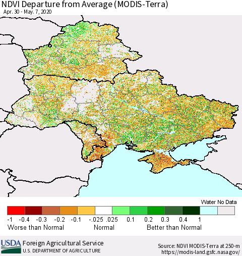 Ukraine, Moldova and Belarus NDVI Departure from Average (Terra-MODIS) Thematic Map For 5/1/2020 - 5/10/2020