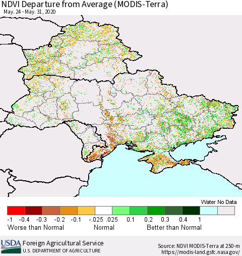Ukraine, Moldova and Belarus NDVI Departure from Average (Terra-MODIS) Thematic Map For 5/21/2020 - 5/31/2020