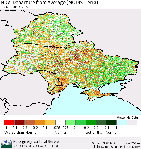 Ukraine, Moldova and Belarus NDVI Departure from Average (Terra-MODIS) Thematic Map For 6/1/2020 - 6/10/2020