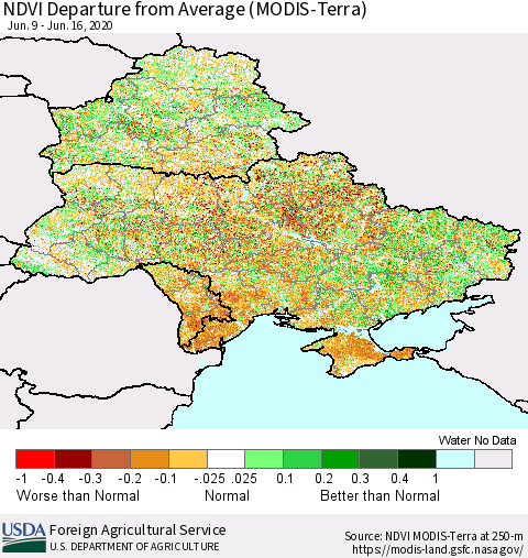 Ukraine, Moldova and Belarus NDVI Departure from Average (Terra-MODIS) Thematic Map For 6/11/2020 - 6/20/2020