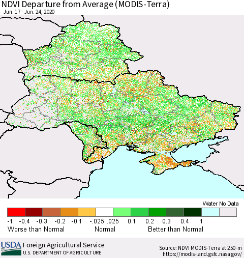 Ukraine, Moldova and Belarus NDVI Departure from Average (Terra-MODIS) Thematic Map For 6/21/2020 - 6/30/2020