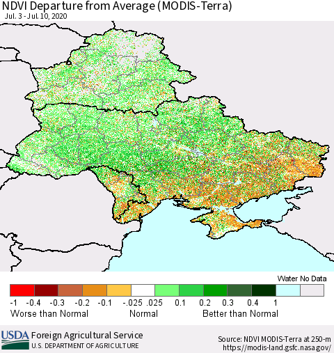Ukraine, Moldova and Belarus NDVI Departure from Average (Terra-MODIS) Thematic Map For 7/1/2020 - 7/10/2020
