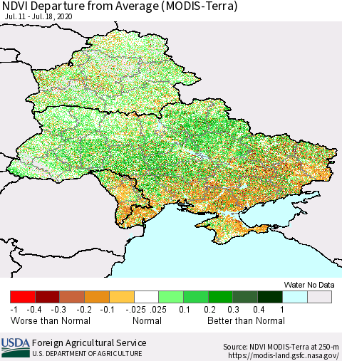 Ukraine, Moldova and Belarus NDVI Departure from Average (Terra-MODIS) Thematic Map For 7/11/2020 - 7/20/2020