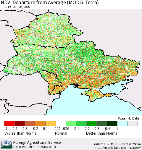 Ukraine, Moldova and Belarus NDVI Departure from Average (Terra-MODIS) Thematic Map For 7/21/2020 - 7/31/2020