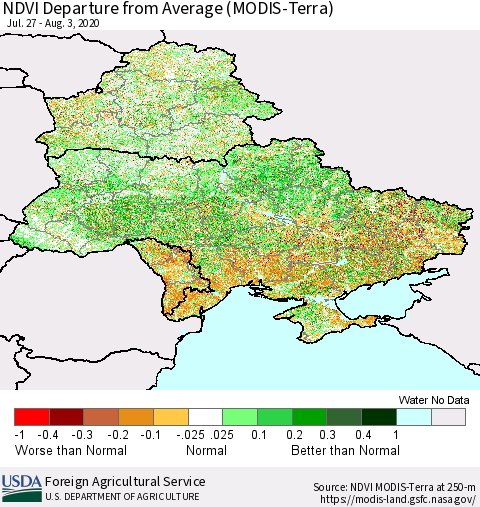 Ukraine, Moldova and Belarus NDVI Departure from Average (Terra-MODIS) Thematic Map For 8/1/2020 - 8/10/2020