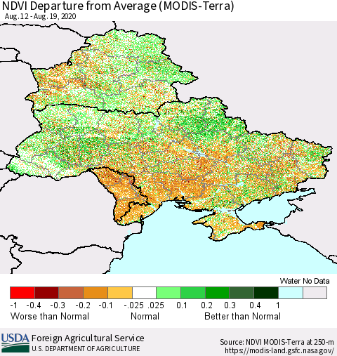 Ukraine, Moldova and Belarus NDVI Departure from Average (Terra-MODIS) Thematic Map For 8/11/2020 - 8/20/2020