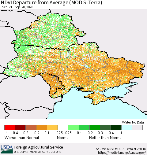 Ukraine, Moldova and Belarus NDVI Departure from Average (Terra-MODIS) Thematic Map For 9/21/2020 - 9/30/2020