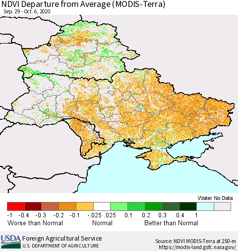 Ukraine, Moldova and Belarus NDVI Departure from Average (Terra-MODIS) Thematic Map For 10/1/2020 - 10/10/2020