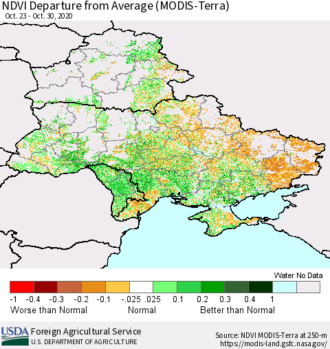 Ukraine, Moldova and Belarus NDVI Departure from Average (Terra-MODIS) Thematic Map For 10/21/2020 - 10/31/2020