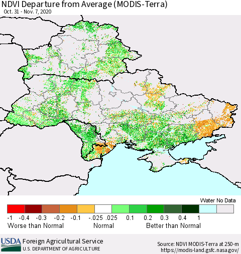 Ukraine, Moldova and Belarus NDVI Departure from Average (Terra-MODIS) Thematic Map For 11/1/2020 - 11/10/2020
