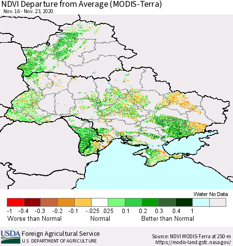 Ukraine, Moldova and Belarus NDVI Departure from Average (Terra-MODIS) Thematic Map For 11/21/2020 - 11/30/2020