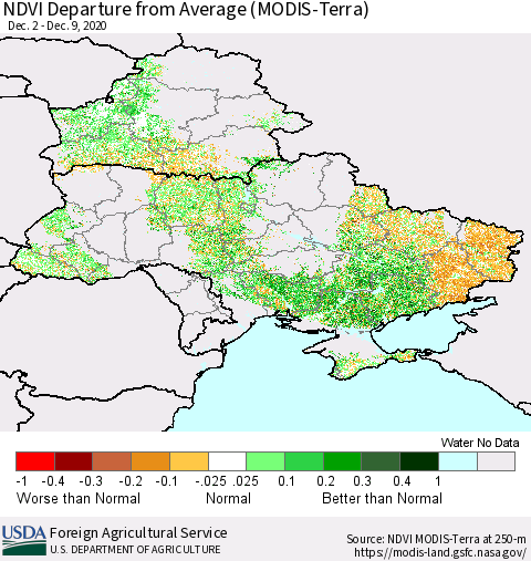 Ukraine, Moldova and Belarus NDVI Departure from Average (Terra-MODIS) Thematic Map For 12/1/2020 - 12/10/2020