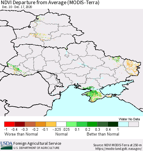 Ukraine, Moldova and Belarus NDVI Departure from Average (Terra-MODIS) Thematic Map For 12/11/2020 - 12/20/2020