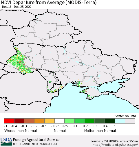 Ukraine, Moldova and Belarus NDVI Departure from Average (Terra-MODIS) Thematic Map For 12/21/2020 - 12/31/2020